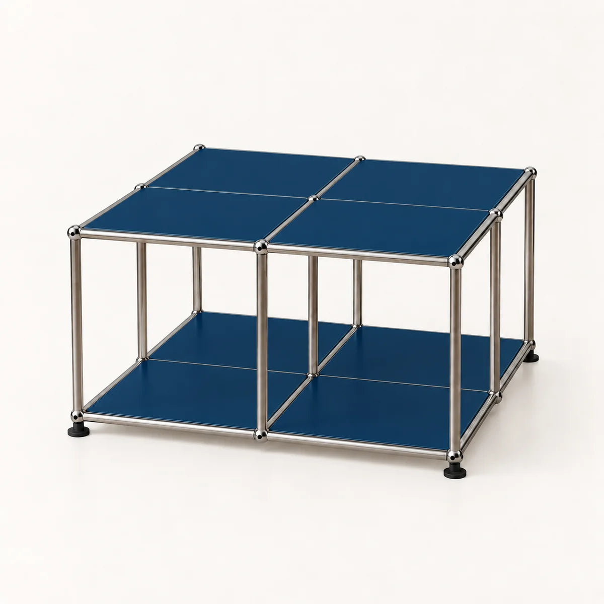 A modular metal storage cube with blue panels and a chrome stainless frame, shown on a clean white background.