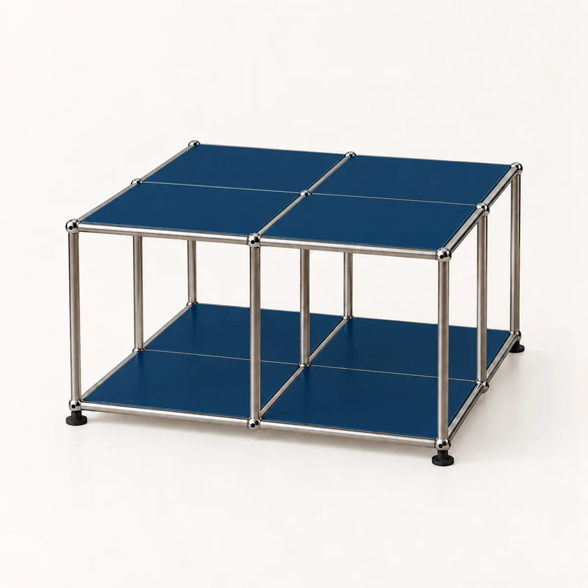 A modular metal storage cube with blue panels and a chrome stainless frame, shown on a clean white background.