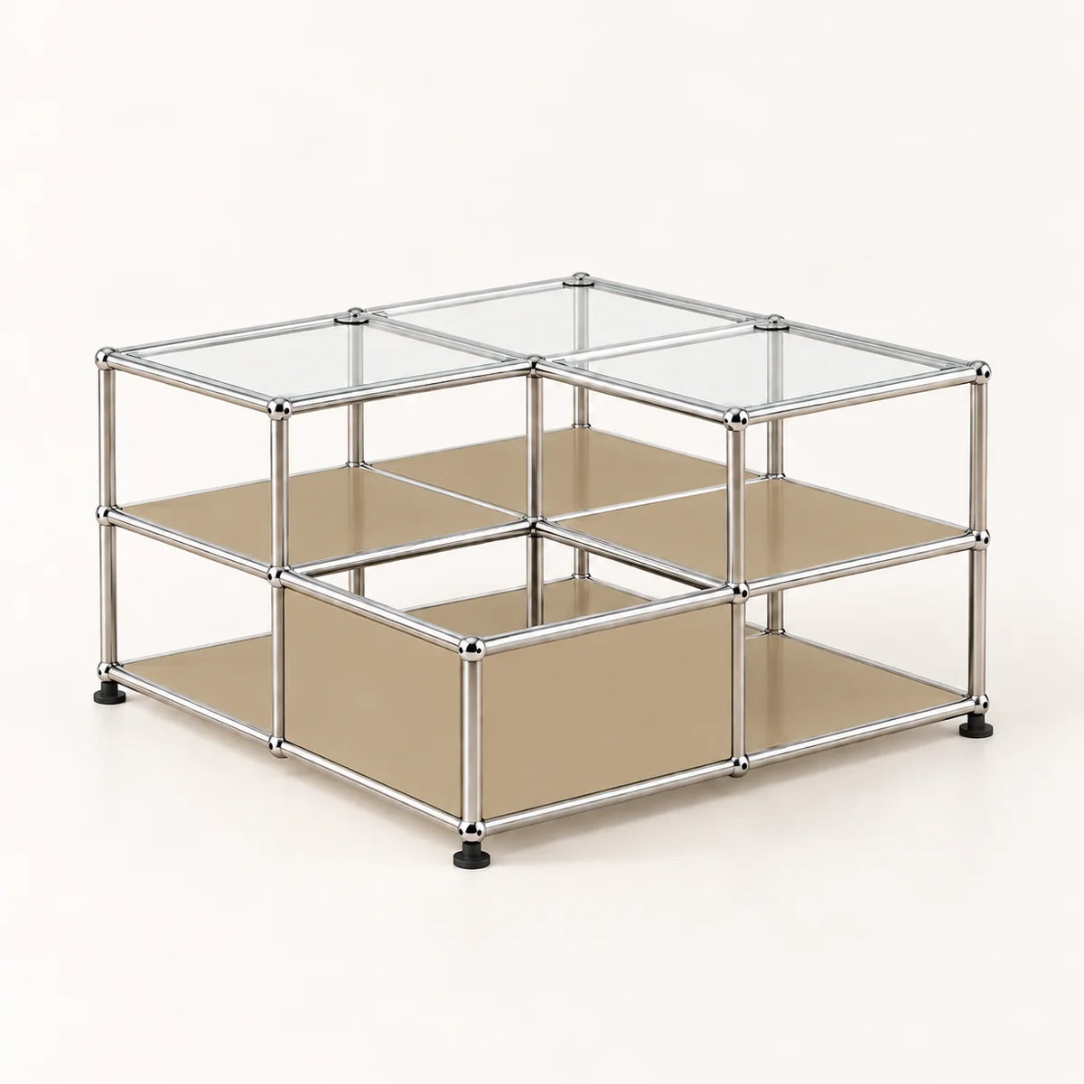 A modular two-tier storage organizer with a chrome metal frame, clear glass top panels, and beige metal shelves, shown on a light cream background.