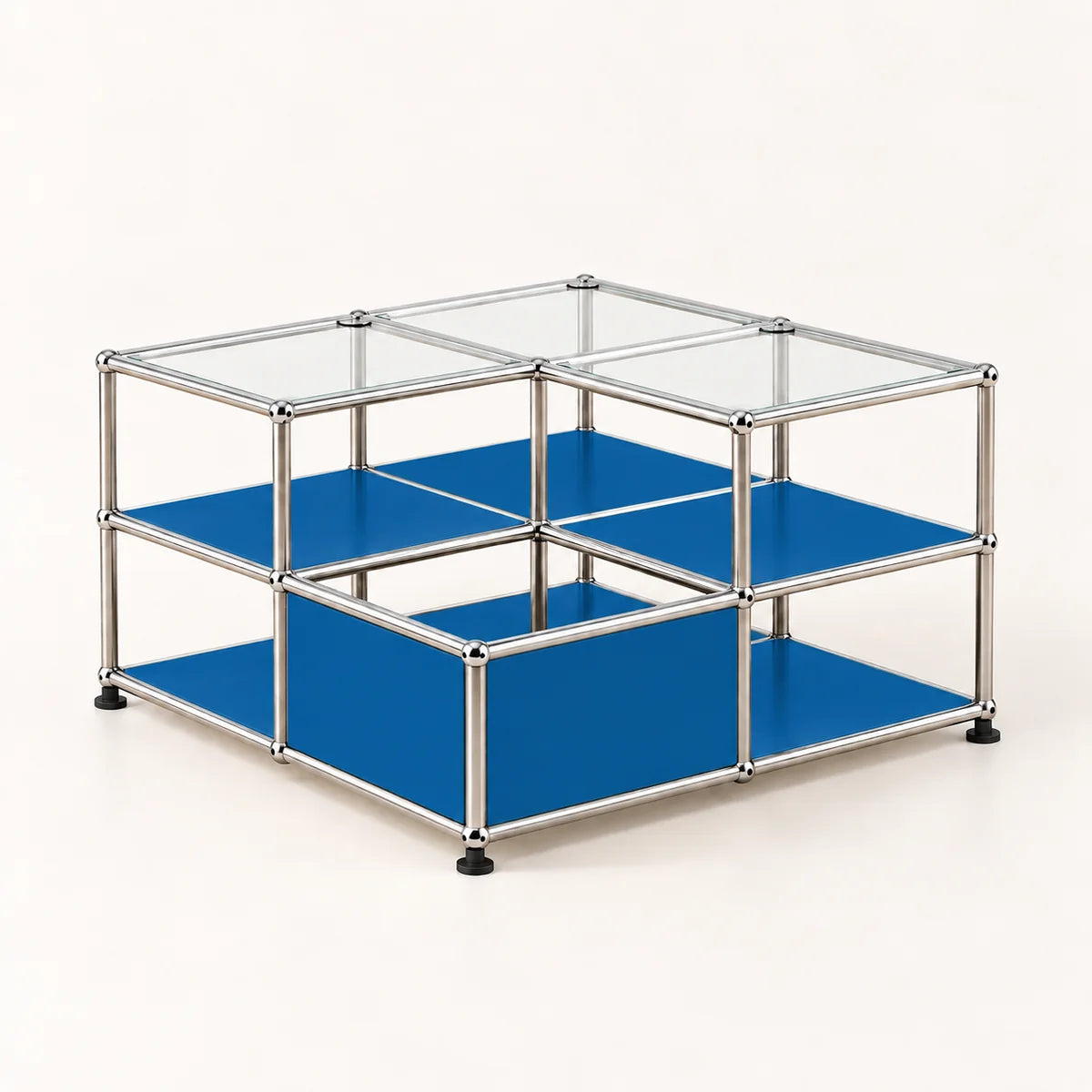 A modular two-tier storage organizer made of a chrome metal frame with blue panels and clear glass top and side panels, shown on a light beige background.