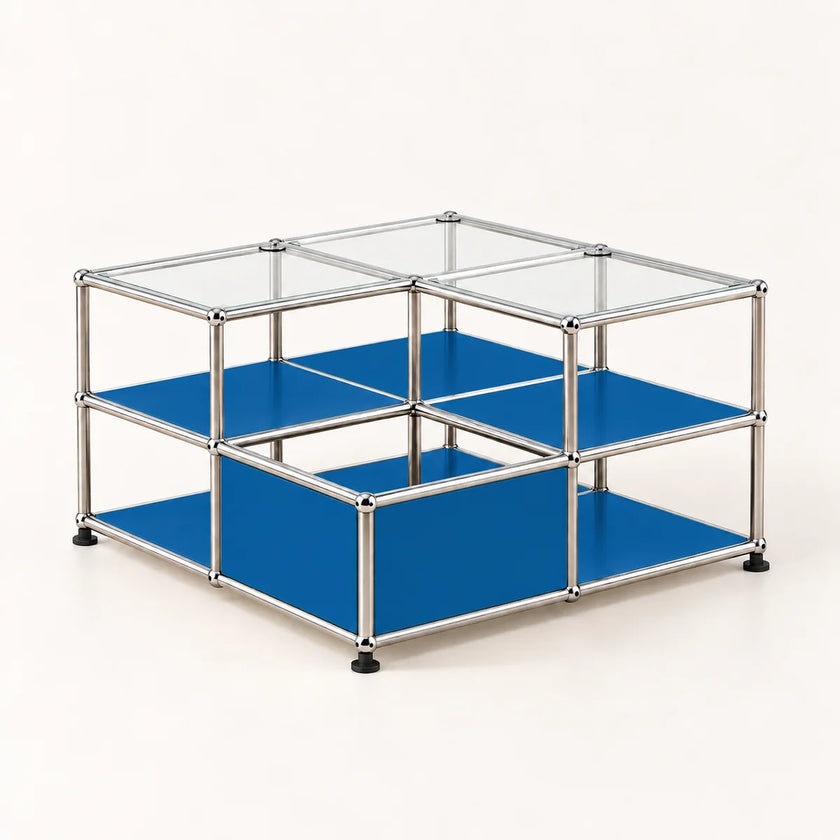 A modular two-tier storage organizer made of a chrome metal frame with blue panels and clear glass top and side panels, shown on a light beige background.