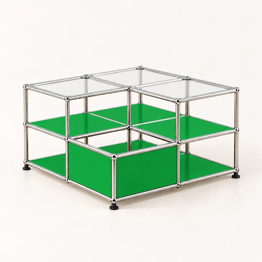A modular storage organizer made of a chrome metal frame with green glass shelves and clear glass top panels, shown on a clean white background.