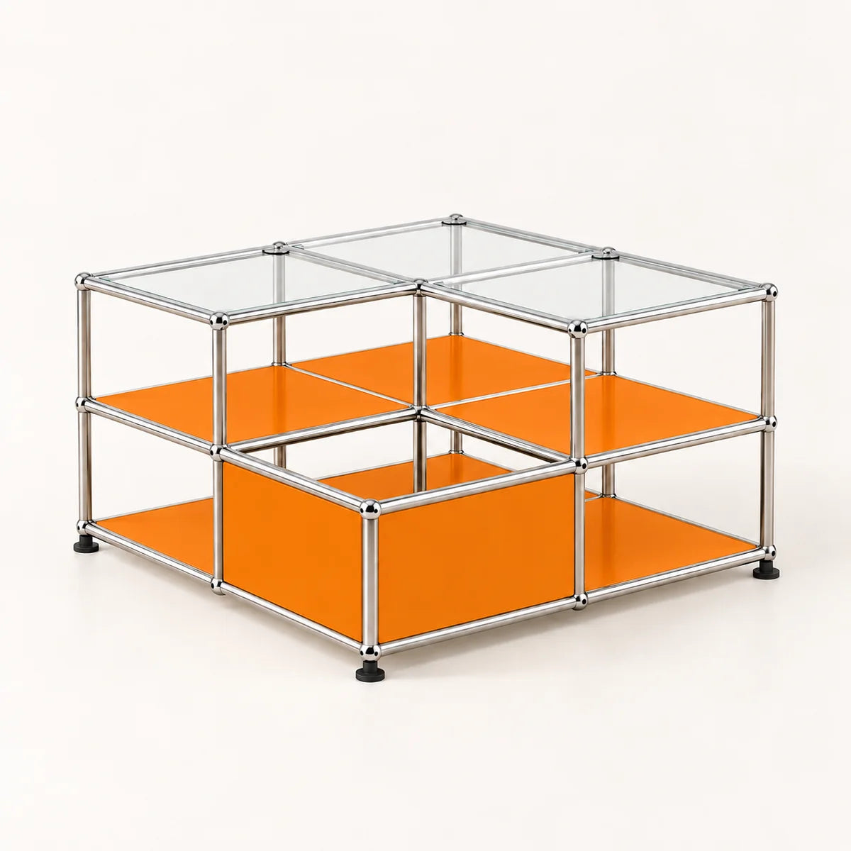 A modular two-tier storage cabinet with a chrome metal frame, clear glass top panels, and bright orange shelves and side panels, shown on a light beige background.