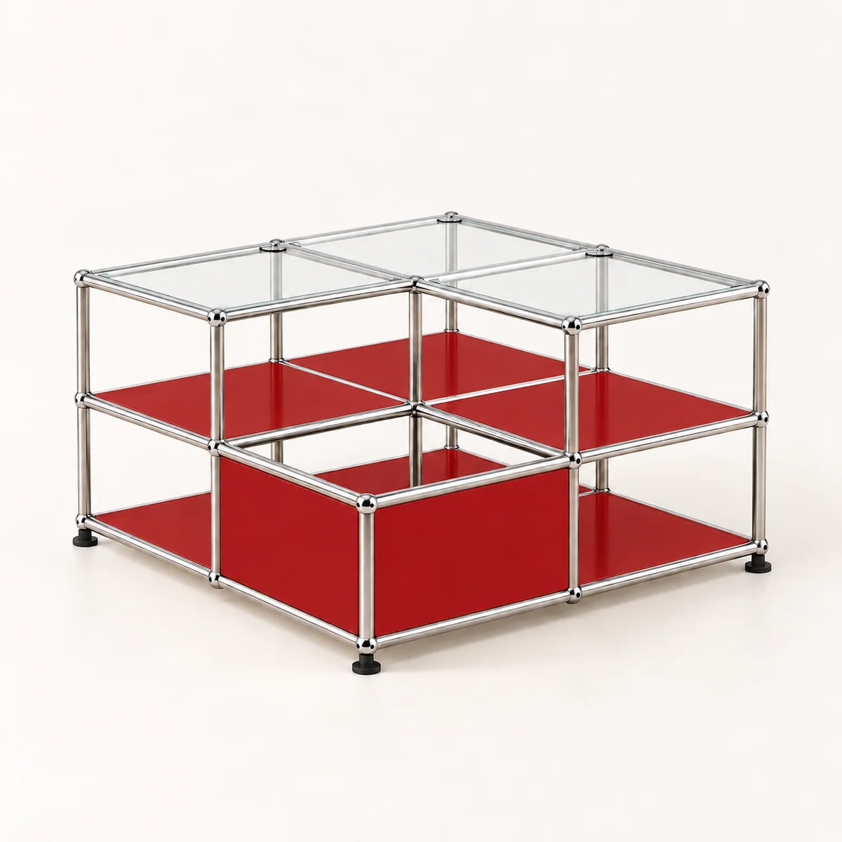 A modular cube storage organizer with a chrome metal frame, clear glass top panels, and bright red shelves and side panels, shown on a clean off-white background.