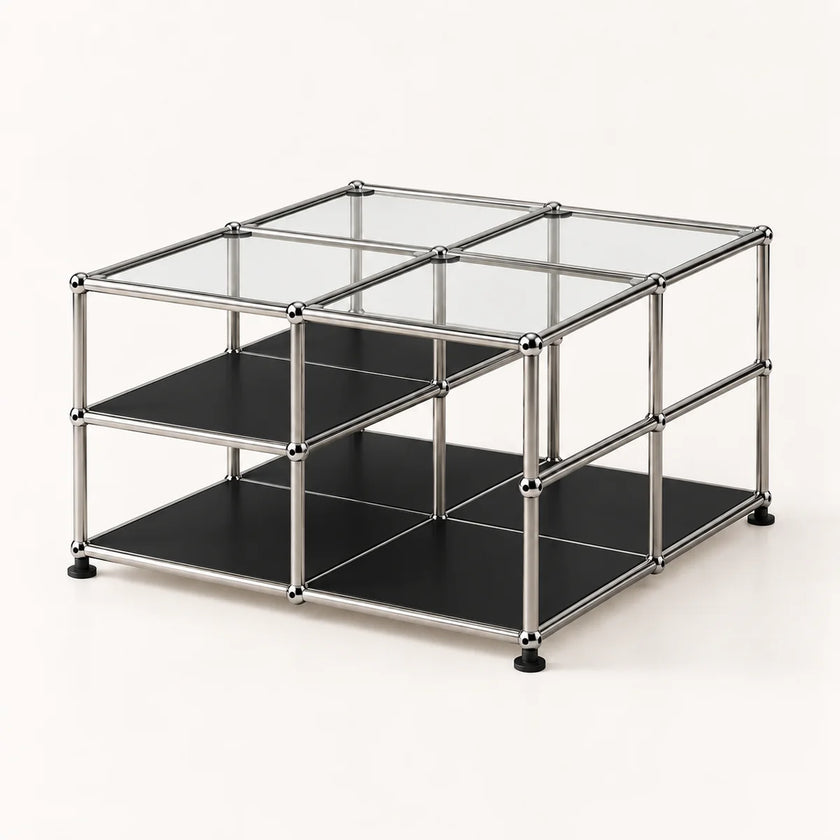 A modular 2-tier organizer cube with a chrome-finished metal frame, clear glass top panels, and black lower shelves, shown on a light off-white background.