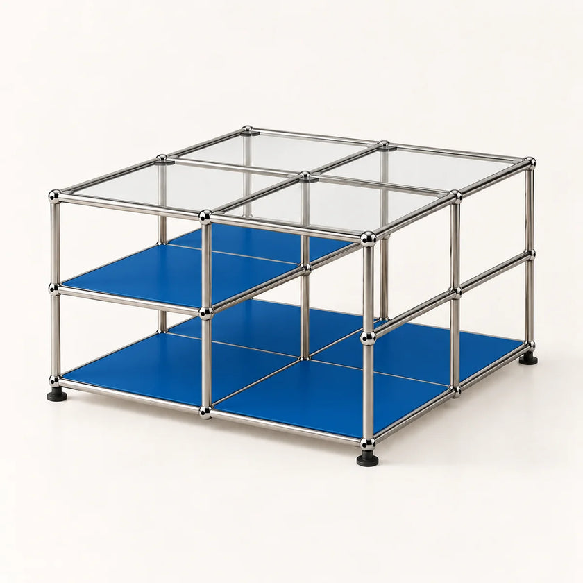 A modular metal and glass storage organizer with blue shelves, shown on a clean white background.