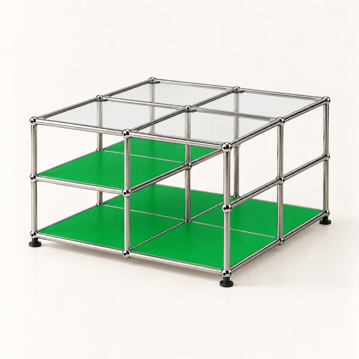 A modular metal storage organizer with a chrome stainless frame, clear glass top panels, and bright green shelves, shown on a clean white background.