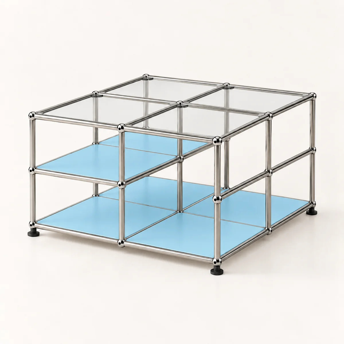 A modular storage organizer made of stainless metal tubing with clear glass panels on the top and light blue shelves on the bottom, shown on a clean white background.