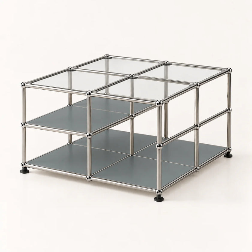 A modular metal and glass storage organizer with two gray shelves, clear glass top panels, and black feet, shown on a clean white background.