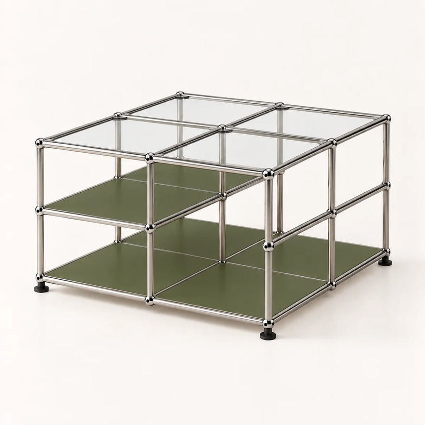A modular metal storage organizer with a chrome-finished frame, clear glass top panels, and olive green shelves, shown on a clean off-white background.