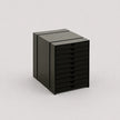 Black file cabinet with multiple drawers on a light gray background