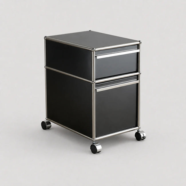 Black storage unit with two drawers on wheels against a light gray background