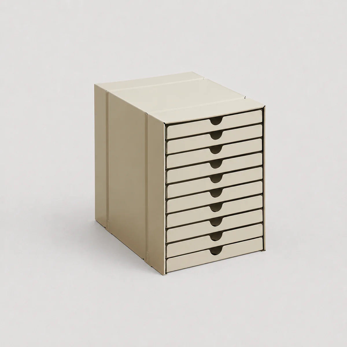 Beige storage cabinet with multiple drawers on a light gray background