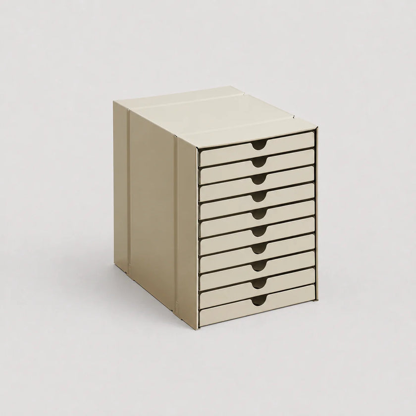 Beige storage cabinet with multiple drawers on a light gray background