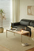 Modern living room with a black sofa, coffee table, and decorative items.