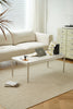 Living room with a beige sofa, replica USM coffee table, and decor items.