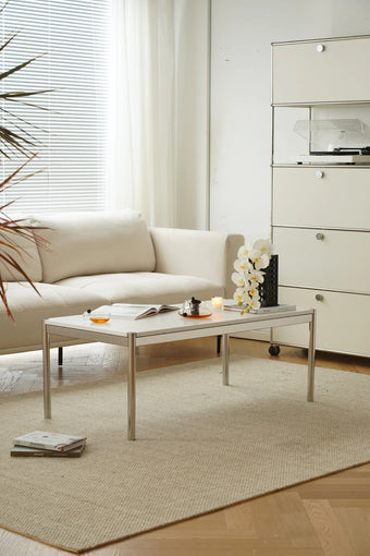 Modern living room with a beige sofa, replica USM modular coffee table, and decorative elements.
