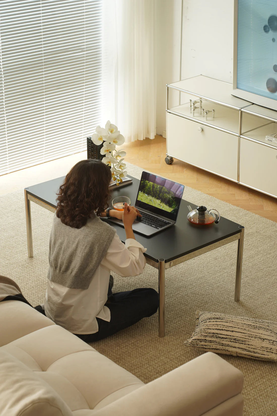 Women sitting on a couch in a living room using a laptop with coffee table.