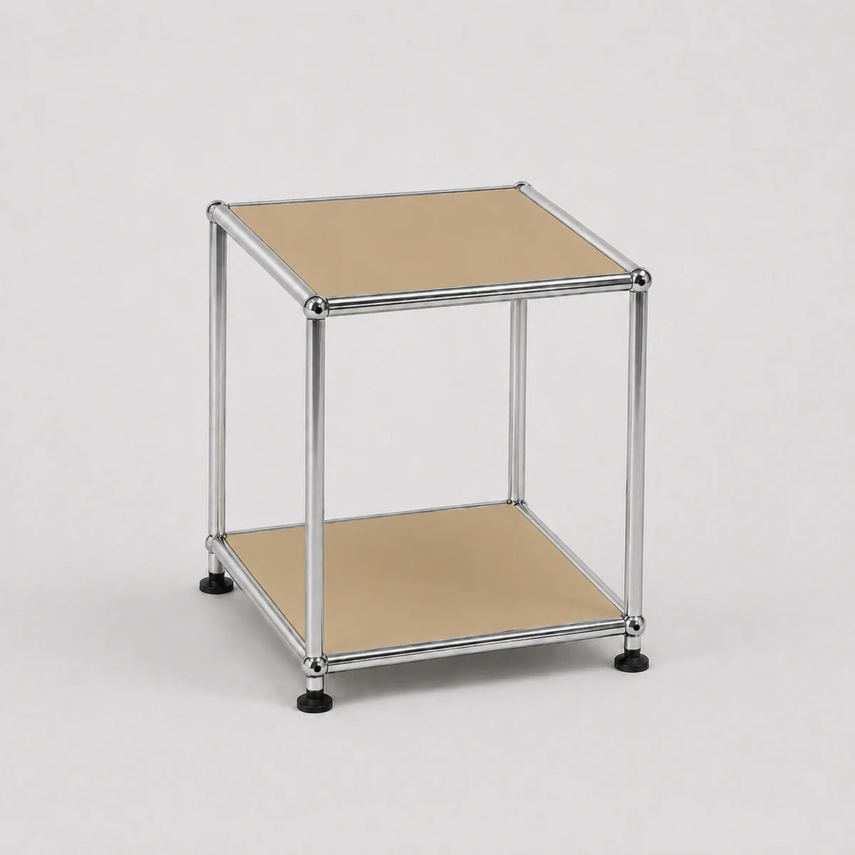 A modern two-tier modular side table with a chrome metal frame and beige panels on a light gray background.