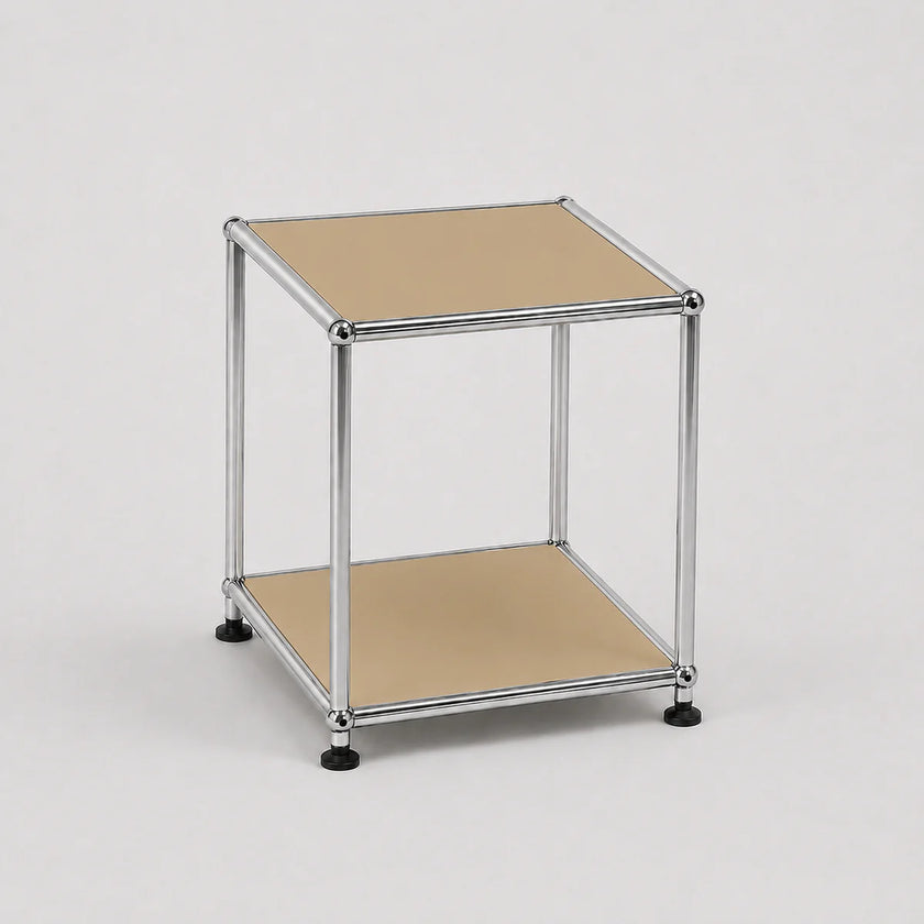 A modern two-tier modular side table with a chrome metal frame and beige panels on a light gray background.