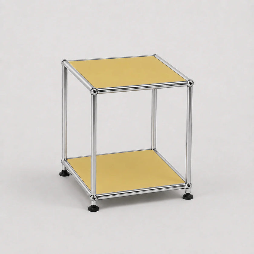 A modern two-tier modular side table with a chrome metal frame and goose yellow panels on a light gray background.