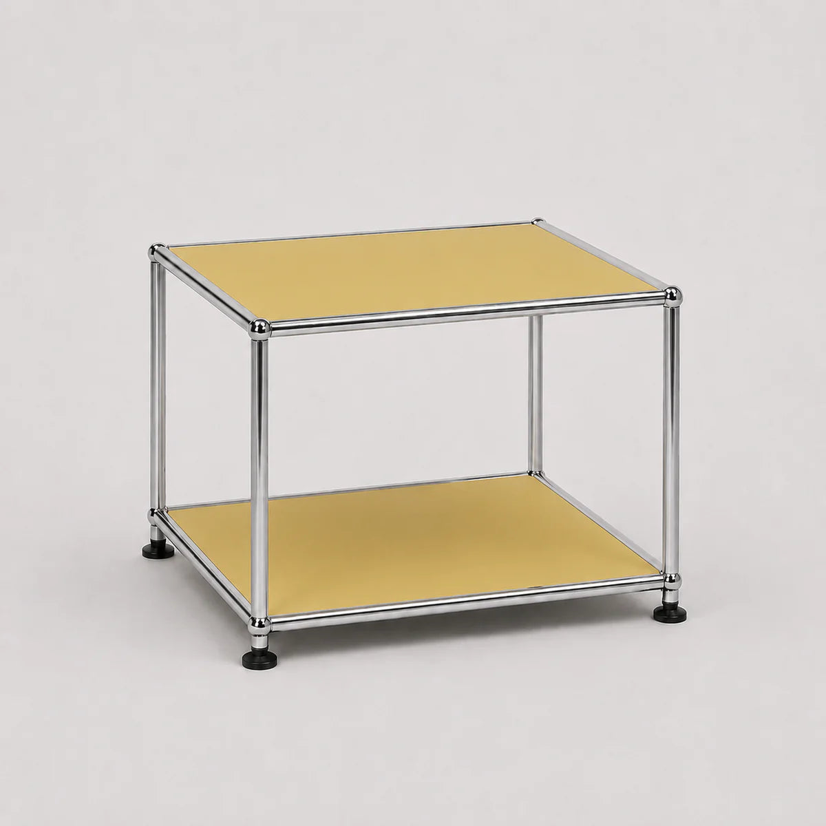 A modern two-tier modular storage cart with a chrome metal frame and goose yellow panels on a light gray background.