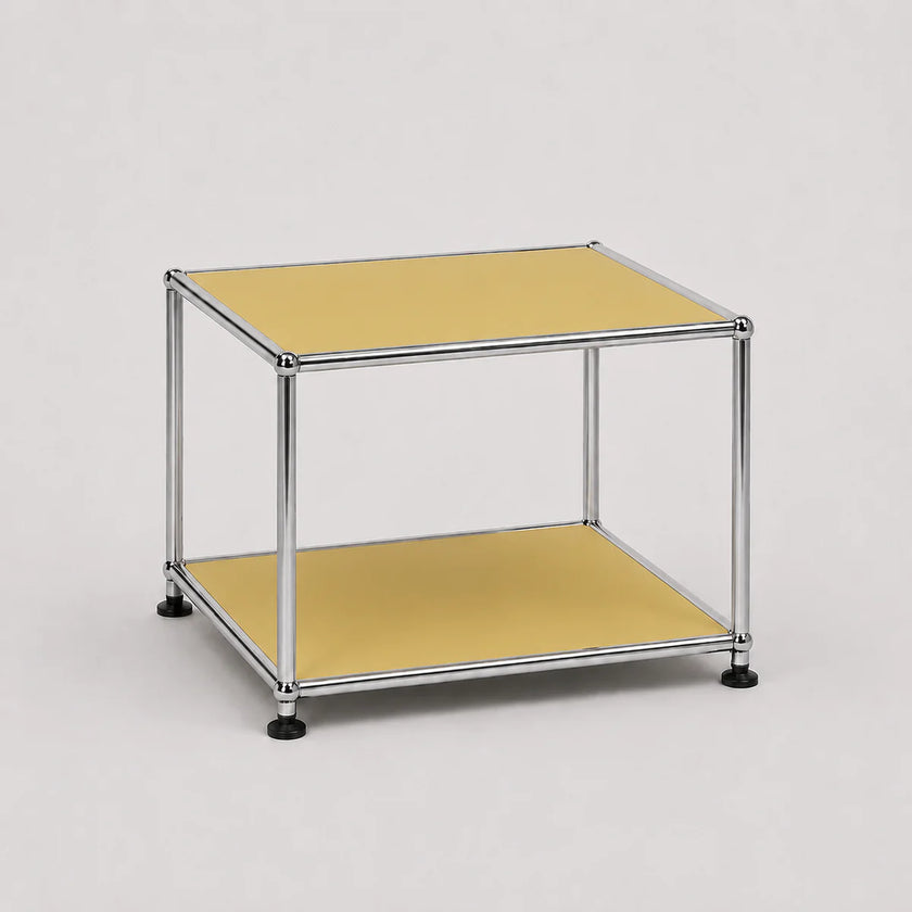 A modern two-tier modular storage cart with a chrome metal frame and goose yellow panels on a light gray background.