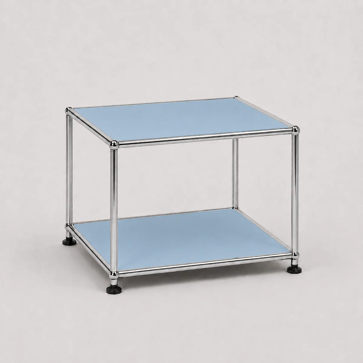 A two-tier modular storage shelf with a chrome metal frame and light blue metal panels, shown on a neutral light gray background.