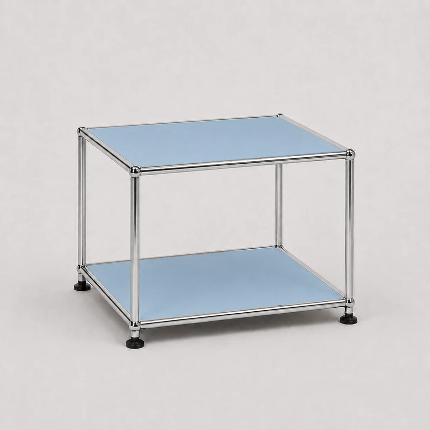 A two-tier modular storage shelf with a chrome metal frame and light blue metal panels, shown on a neutral light gray background.