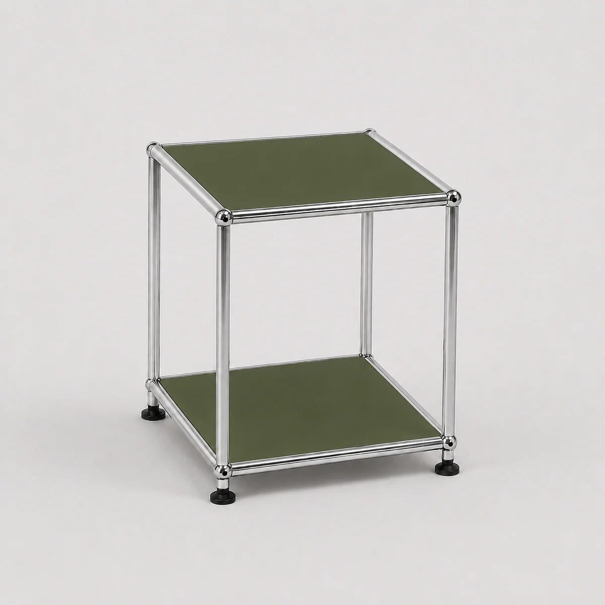 Modular shelving unit with olive green shelves and metal frame on a white background