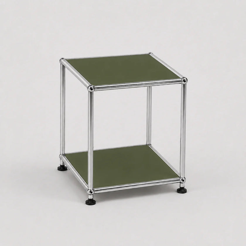 Modular shelving unit with olive green shelves and metal frame on a white background