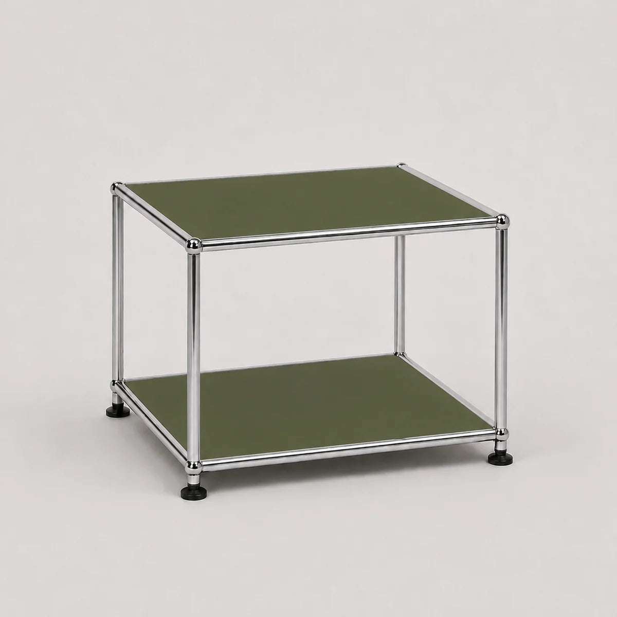 A two-tier modular storage table with olive green metal shelves and a chrome metal frame, shown on a light gray background.