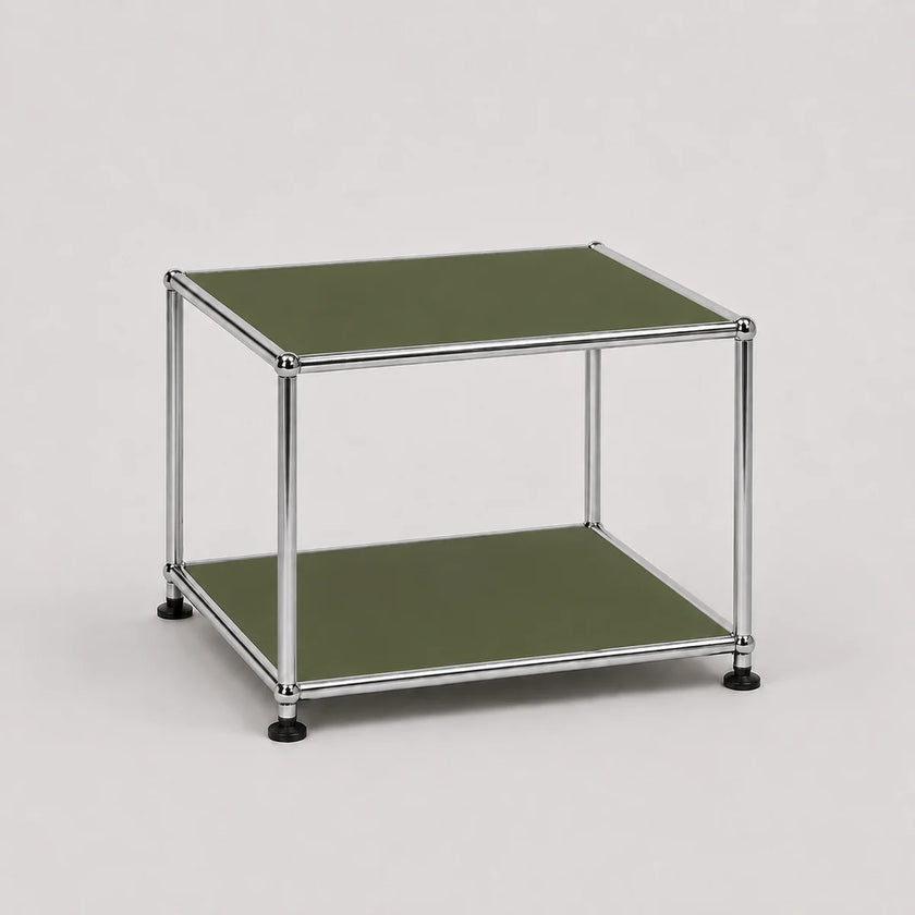 A two-tier modular storage table with olive green metal shelves and a chrome metal frame, shown on a light gray background.