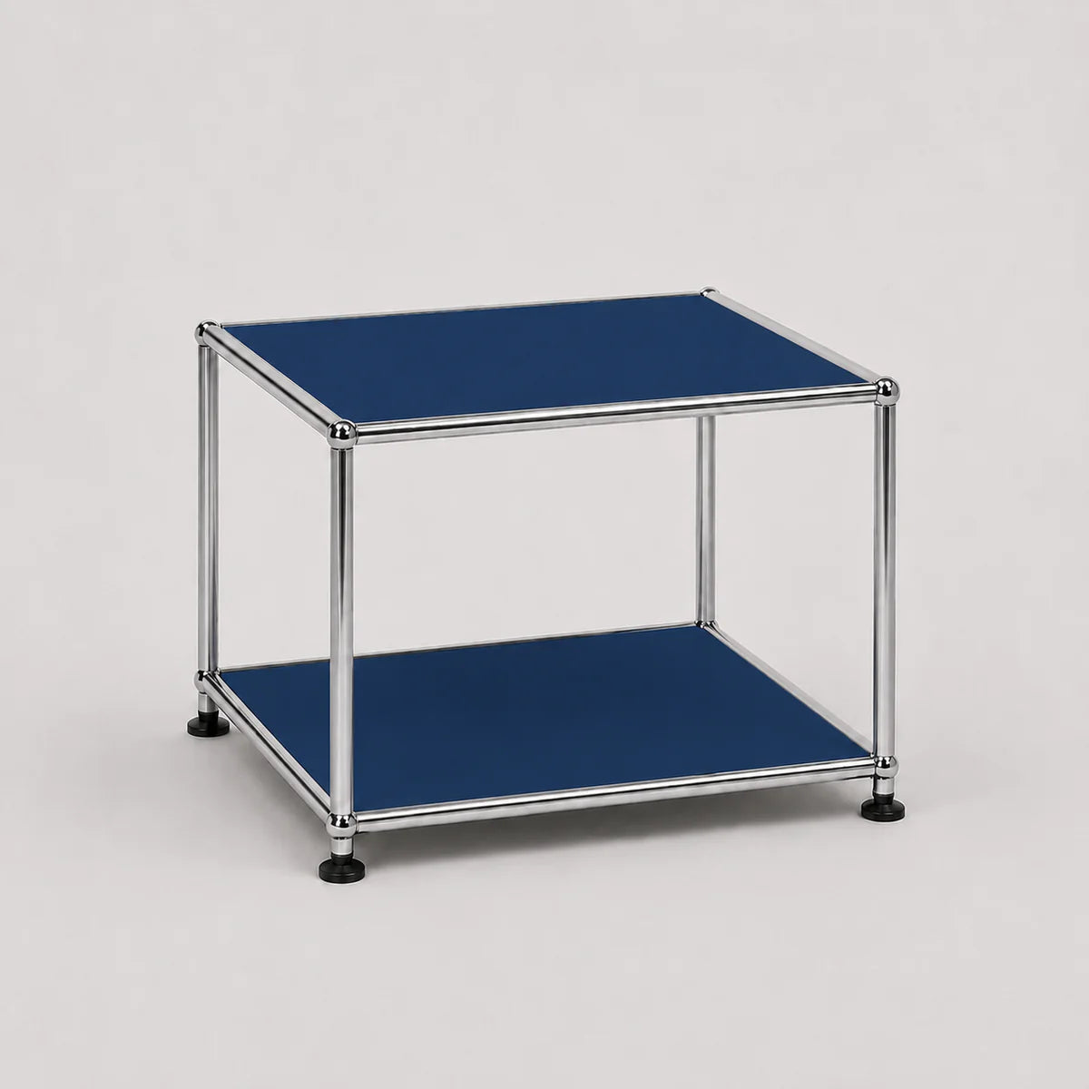 A two-tier modular storage cart with a chrome metal frame and dark blue metal panels on a light gray background.