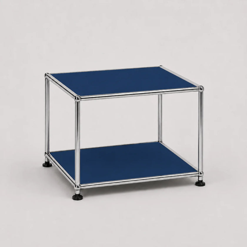 A two-tier modular storage cart with a chrome metal frame and dark blue metal panels on a light gray background.