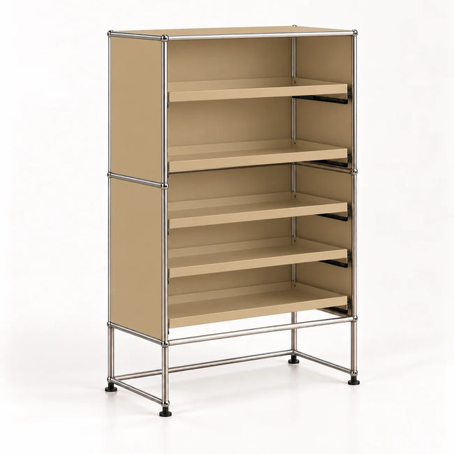 A modular metal shelving unit with beige metal panels and five open shelves, supported by a chrome-finished metal frame with black feet, shown on a white studio background.