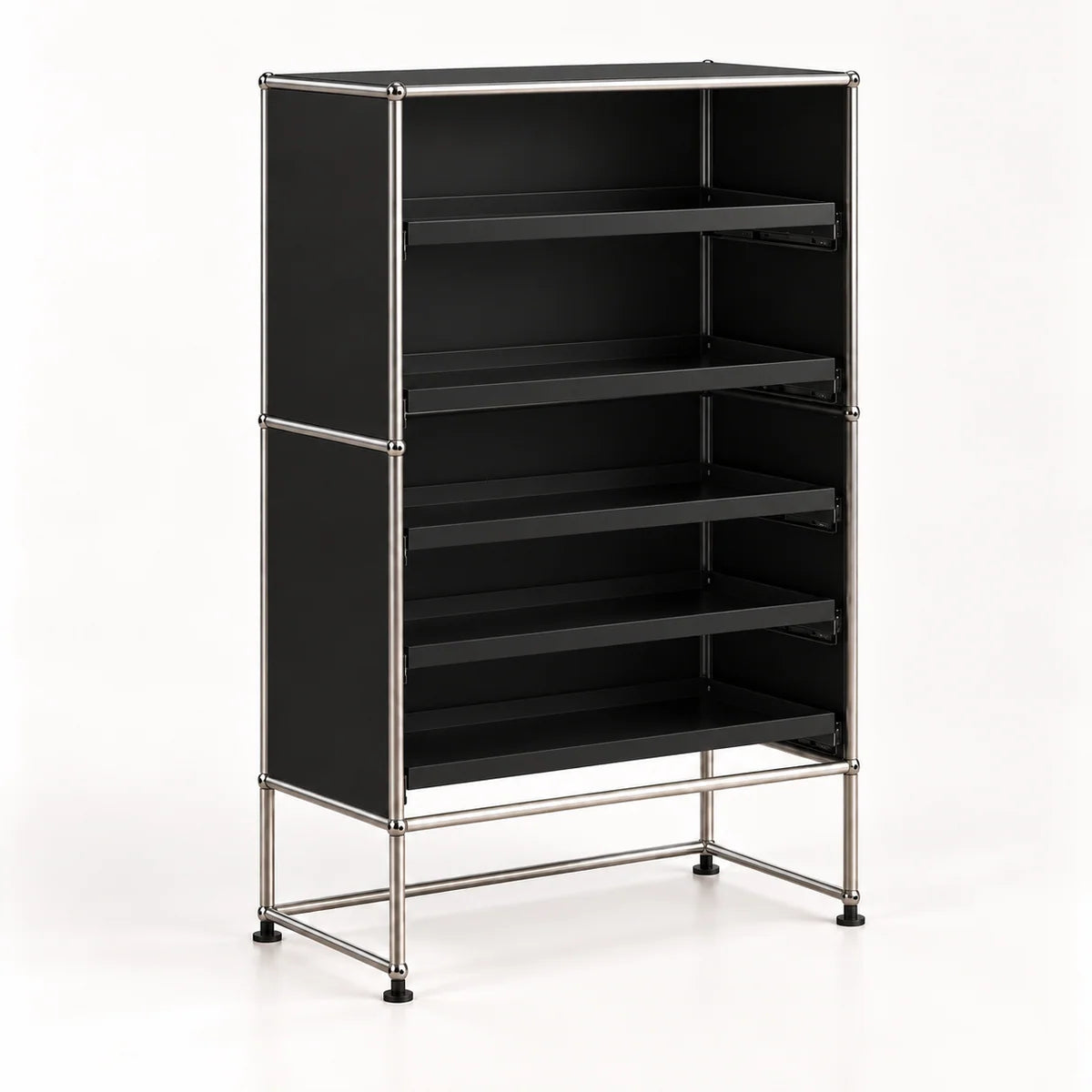A black modular shelving unit with a chrome metal frame and five horizontal shelves, shown on a clean white background.