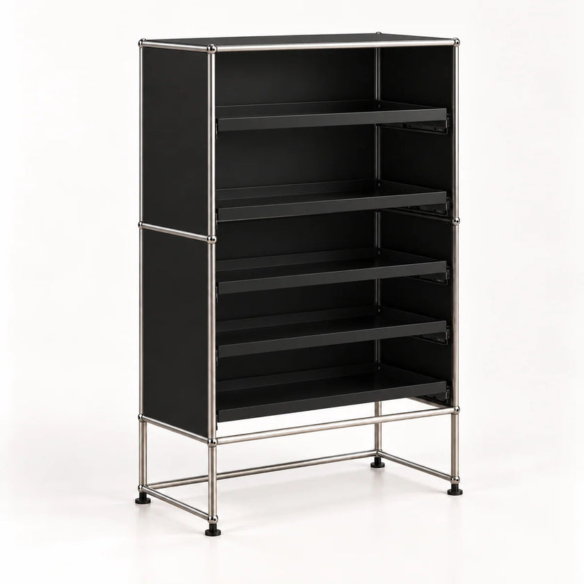 A black modular shelving unit with a chrome metal frame and five horizontal shelves, shown on a clean white background.