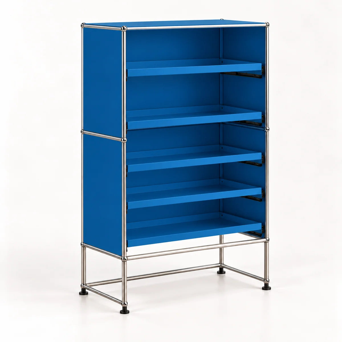 A blue modular shelving unit with a chrome metal frame and five open shelves, shown on a clean white background.