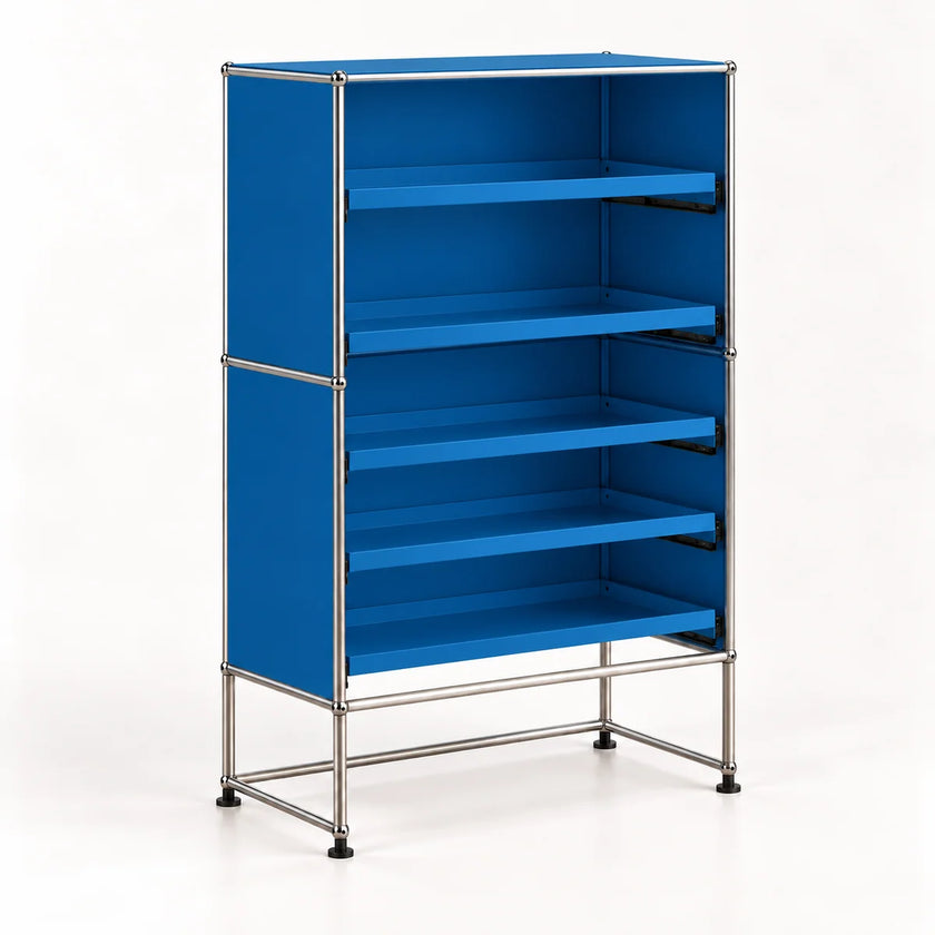 A blue modular shelving unit with a chrome metal frame and five open shelves, shown on a clean white background.