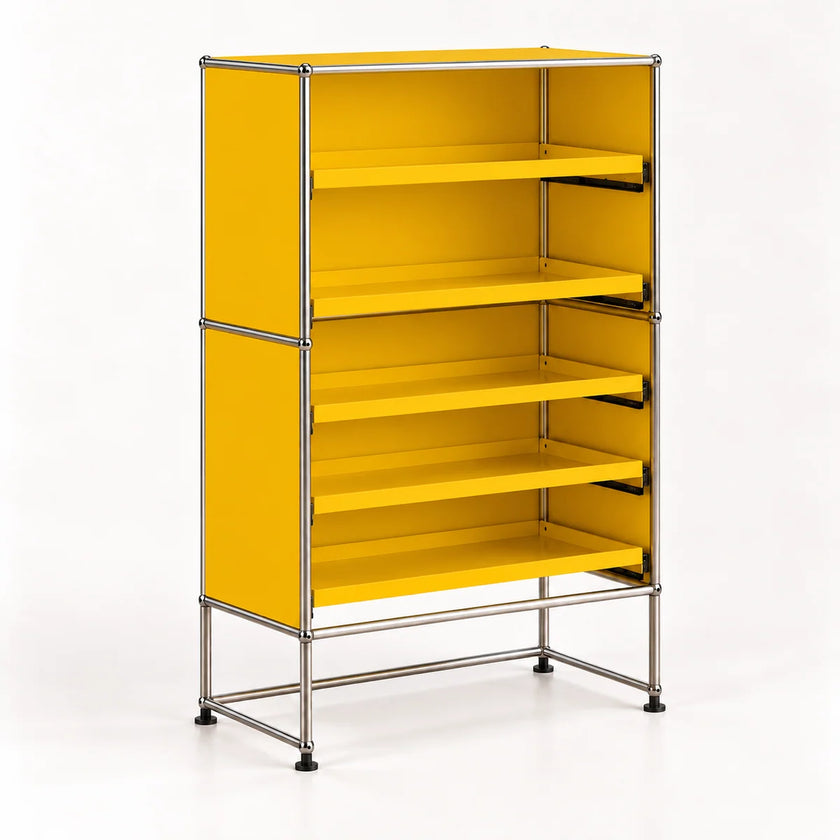 A modern modular shelving unit with bright yellow panels and a chrome metal frame, shown on a clean white background.