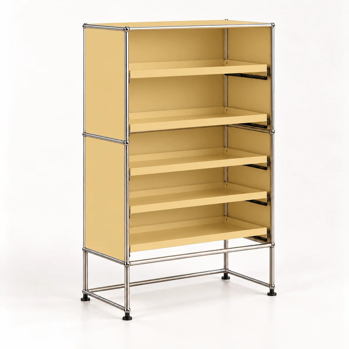 A modular metal shelving unit with a warm beige/yellow panel design and a chrome steel frame, shown on a clean white background.