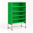 A bright green modular shelving unit with a chrome metal frame and five open shelves, shown on a clean white background.