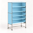 A modular light blue storage cabinet with five shelves and a chrome metal frame, shown on a clean white background.