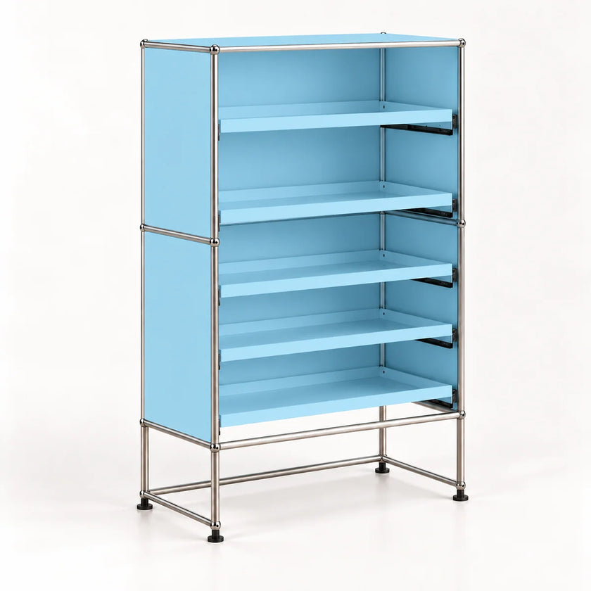 A modular light blue storage cabinet with five shelves and a chrome metal frame, shown on a clean white background.