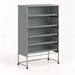 A modular gray shelving unit with five open shelves, supported by a chrome metal frame with black feet, shown on a white background.