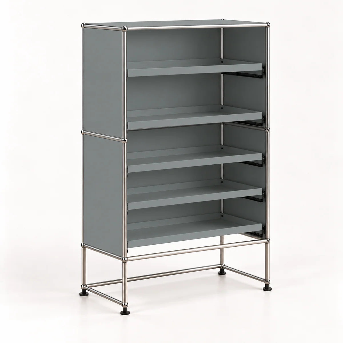 A modular gray shelving unit with five open shelves, supported by a chrome metal frame with black feet, shown on a white background.