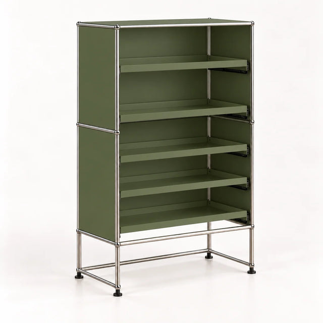 A olive green modular shelving unit with a chrome metal frame and five open shelves, shown on a clean white background.