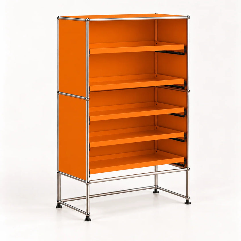 A modular light orange storage cabinet with five shelves and a chrome metal frame, shown on a clean white background.