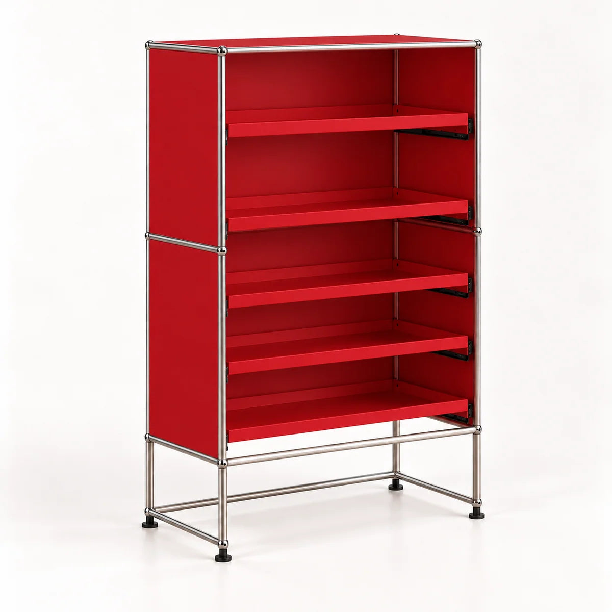 A modular metal storage cabinet with five open shelves, featuring a silver chrome frame, red-colored panels, and black rubber feet, shown on a white studio background.